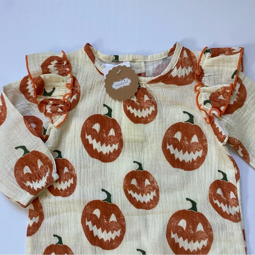 Mud Pie Halloween Outfit 6 9 Months NWT Pumpkins Baby Girl’s Orange Ivory New